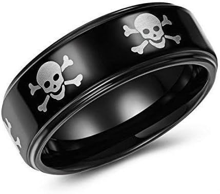 Skull and Crossbones – 8mm - Black Tungsten Wedding or Fashion Ring – Comfort Fit – Trendy – Punk - Hip - Engraveable