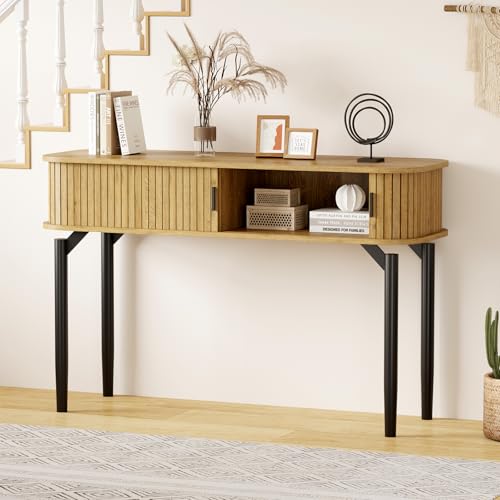 GarveeHome Fluted Console Table with Storage,Wood Sofa Table with Sliding Door,Entryway Table with Storage Space for Living Room,Couch,Hallway,Foyer,Oak