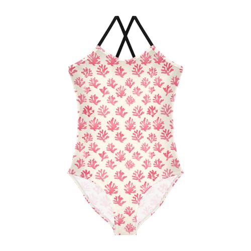 senya Girls Swimsuits One-Piece Swimwear Tie Bathing Suit Beach Summer Round Neck 7-8T Pink Coral Pattern