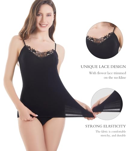 Image of Womens Tank Top Camisoles with Premium Cotton Italian Design - Trimmed with Flower Lace on Neckline