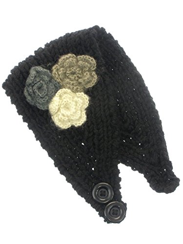 Women's Knit Head Wrap with Crochet Flowers Black