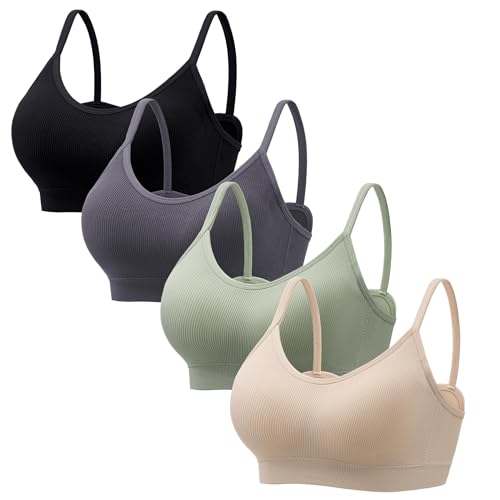 πΈπ10 Best Bra for Wide Set Breasts For 2025 1 Angelhood 4 Pieces Cami Bralettes Set - Everyday Basic Seamless V-Neck Padded Bras with Spaghetti Strap, Large
