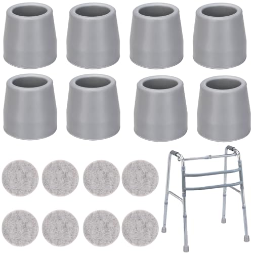 Dexspoeny 16Pcs Walker Tips Set Heavy Duty, 8 Gray Cane Tips 1 Inch and 8 Walker Pads, Non-Slip Cane Tips, Rubber Walker Tips Replacement, Wooden Cane Crutches Accessories for Walking