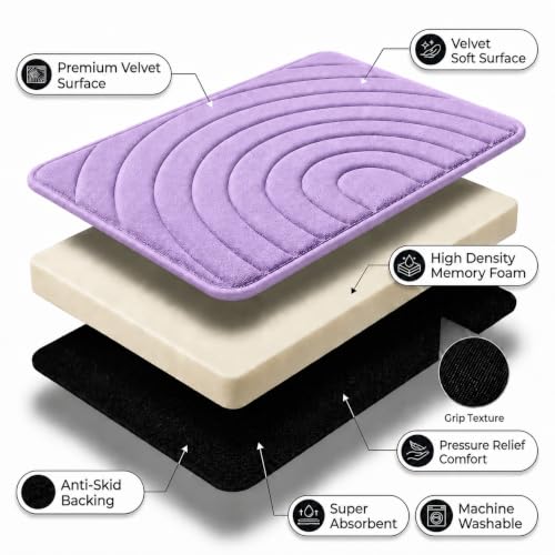 Image of Premium Memory Foam Bath Mat | 40x60cm Super Absorbent Velvet Bathroom Rug | Non-Slip Machine Washable Floor Mat (Lavender Mist)