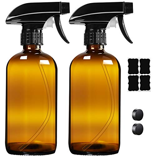 Empty Brown Glass Spray Bottles2-Pack, Refillable 16 oz Containers for Essential Oils, Cleaning Products, Aromatherapy, Misting Plants, or Cooking - Reliable Sprayer with Mist and Stream Settings