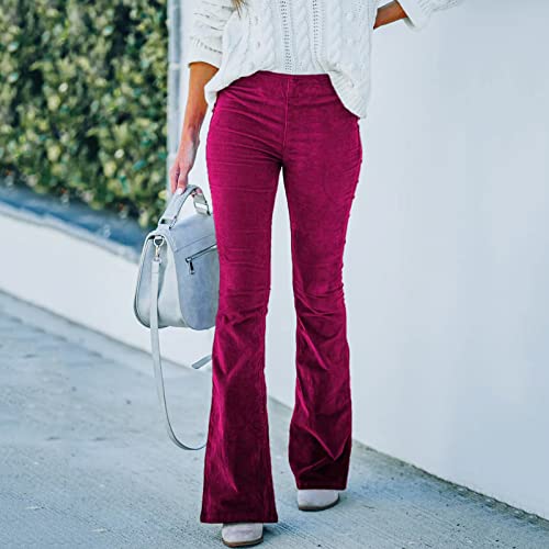YOLAI Women Casual Corduroy Flare Pants Elastic Waist Bell Bottom Trousers2