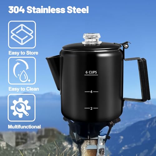 Image of 6 Cup Percolator 304 Stainless Steel Coffee Pot Coffee Maker Coffee Machine with Solid Wood Handle Transparent Knob Stovetop Greca Mocha for Induction Home and Camping 1000ml 33.8oz Black