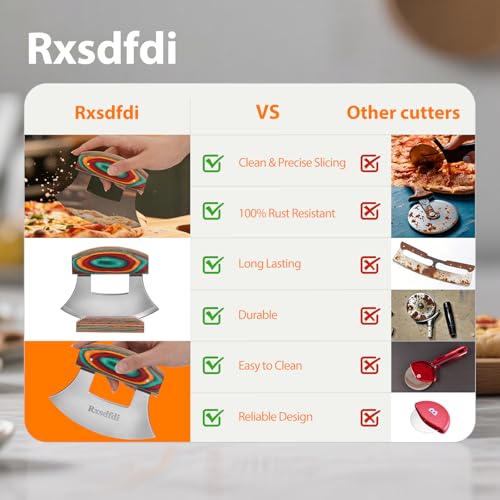 Pizza Cutter Rocker Knife, Sharp Ulu Knife with Wooden handle, Stainless Steel Blade Mincing Knives with Colored Wood Stand - image 6