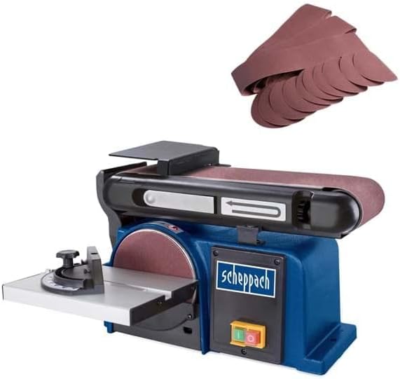 Scheppach Belt and Disc Sander with 1 x 100mm Sanding Belt, 1 x 150mm Hook & Loop Sanding Disc, Mitre Guide & Side Table