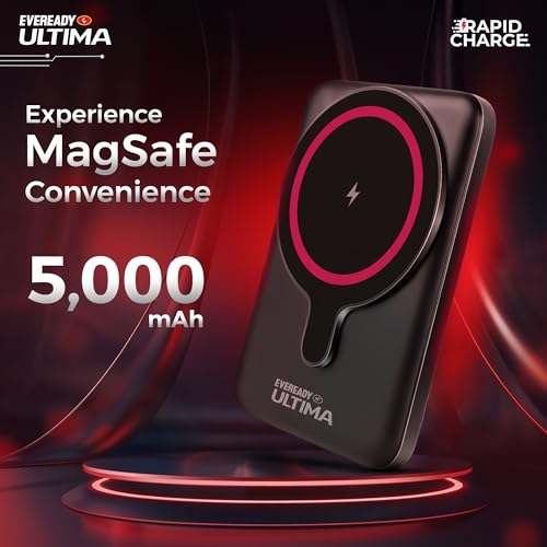 Image of Eveready Ultima MagSafe Compatible Power Bank- PB30, 5,000mAh, 22.5W Wired & 15W Magnetic Wireless Fast Charging for iPhone 12 & Above, Android & Qi Devices (Ensure Device & Case Compatibility)