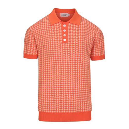 OXKNIT Polo para Hombre de Punto Manga Corta Retro Clásico Patrón Naranja y Beige Camisa de Golf con Botón Cuadrante miniatura 1