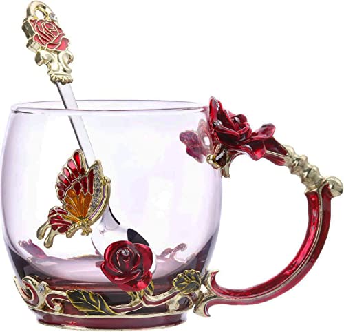 Biigming Tasse à thé en Verre émaillé de Papillons Fleurs avec Cuillère en acier, Cadeau...