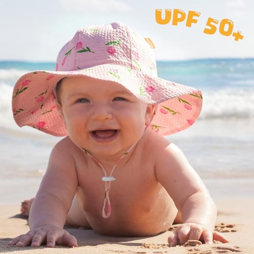 Image of HONGTEYA Baby Sun Hat Toddler Girl Beach Hat Sun Protection Adjustable Outdoor Summer Wide Brim Bucket Hat for Infant Kids