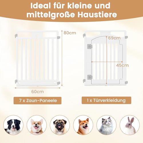 COSTWAY Welpenauslauf faltbar, Welpenlaufstall mit 8 Paneelen, abschließbarer Tür & Bodennägeln, 80 cm hoch, Hundelaufstall Outdoor Indoor, Laufstall Hund, Hundeauslauf aus Kunststoff, Weiß