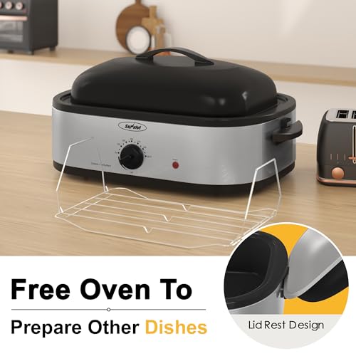 Image of Sunvivi 14-Quart Electric Roaster Oven with Self-Basting Lid, Turkey Roaster Oven with Removable Pan and Rack, Stainless Steel, Silver