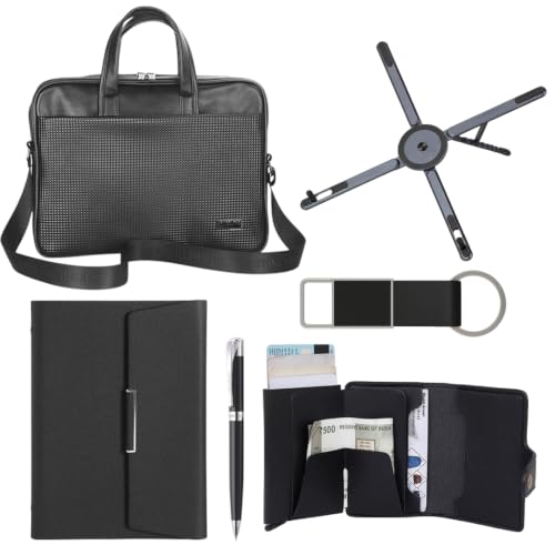 Image of Giftana 6 in 1 Premium Laptop Bag Gift Set with Planner Diary, Pen, Keychain, RFID Card Holder, Keychain & Foldable Laptop Stand for Men & Women | Employee Welcome Kit | CXO Signature Collection Set