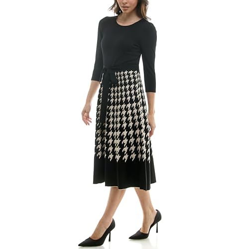 Women's 3/4 Sleeve Solid Sweater Midi with Houndstooth Skirt3