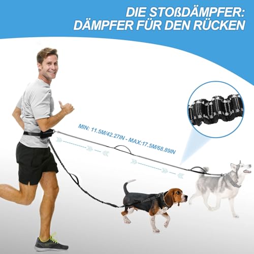 Joggingleine für 2 Hunde - Freihändige Hundeleine mit Bauchgurt, Verstellbar Übungsleine mit Dual Griffe, Reflektierende Nähte, joggingleine für Mittelgroße und Große Hunde, mit Haustier-Wasserbecher