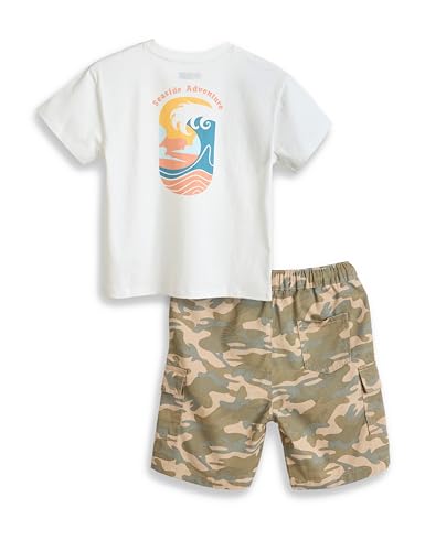 Image of Amazon Brand - Symbol Boy's Graphic Print Oversized Fit T-Shirt and Cargo Shorts (KD-TSB-SS25-10 (6-14 yrs) White + Khaki Camo 10-12 Y)