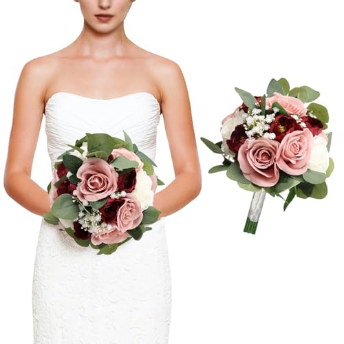 DIYDOFUN 11 Inch Dusty Pink & Burgundy Silk Rose & Peony Bridesmaid Bouquets - Realistic & Easy to Arrange - Wedding Decorations