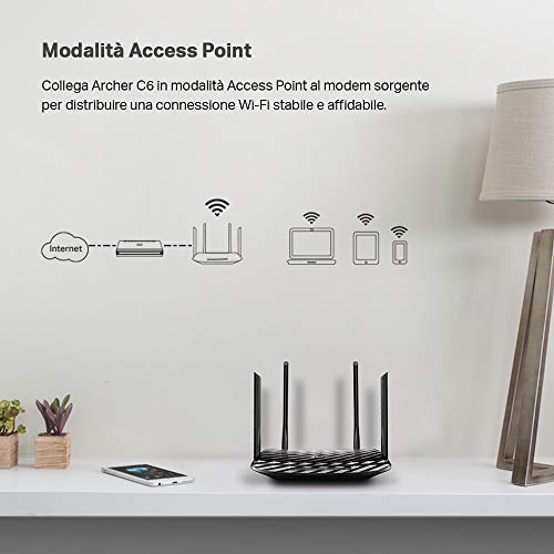 TP-Link Archer C6 Gigabit Router Wi-Fi Dual Band AC1200 Wireless, 5 Porte Gigabit, 4 Antenne Esterne e 1 Antenna Interna, 2.4GHz/5GHz, Modalità Access Point, MU-MIMO, Rete Ospite, Nero