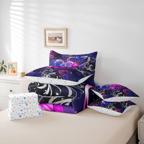 Image of Feelyou Cute Butterfly Comforter Set with Sheets 7 Piece King Size 3D Butterflies Bed in a Bag Kids Boys Girls Galaxy Dreamy Bedding Set Glitter Rose Floral Microfiber