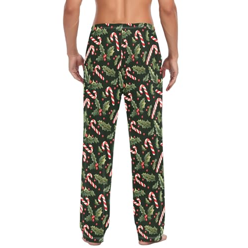 Mens Cotton Pajama Pants Sleep Lounge Pj Bottoms Sleepwear with Pockets Drawstring S Candy Cane Holly Leave3