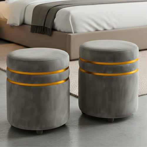Image of Decorative Ottoman Pouffes for Sitting - Two-Piece Set of Puffy Stools and Footstools - Round Ottoman Stool for Living Room Furniture (Grey)