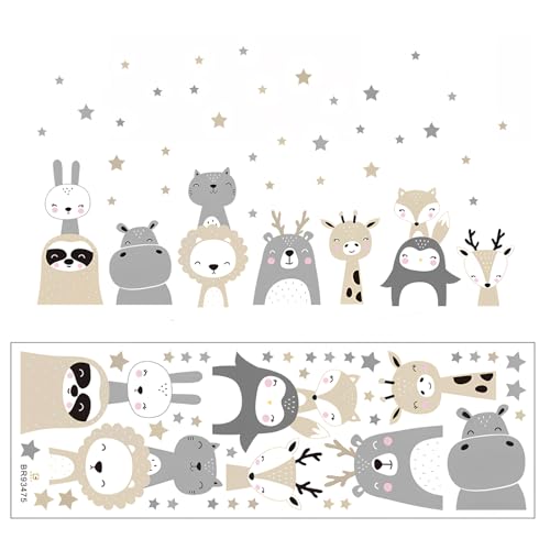 Animales de Jungla Pegatinas de Pared, Cartoon Jungle Animal Wall Stickers, Safari Animales Adhesivos Vinilos Boho Gris Bosque Conejos, Zorros Decorativos Pared para Bebé Habitación Cuarto