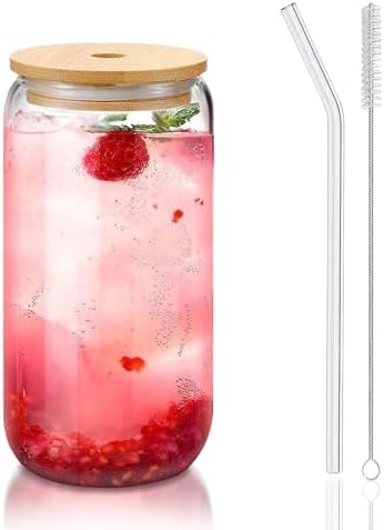 Glass Cups with Lids and Straws 1Pack,Glass Coffee Cups,Glass Cup...