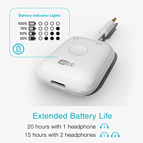 Image of MEE Audio Connect Air in-Flight Bluetooth Wireless Audio Transmitter, with Extra Dual 3.5mm Jack AUX Adapter, for up to 2 AirPods /Other Headphones; Works with All 3.5mm Aux Jacks, White