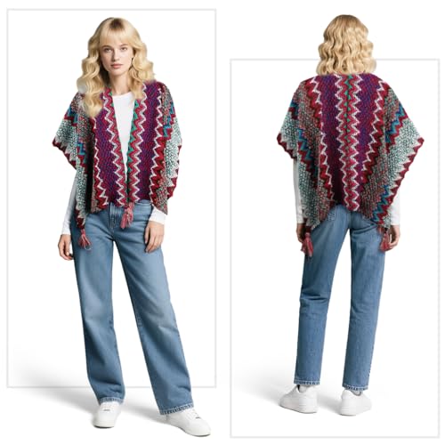 Image of SANNIDHI Shawl for Women Winter Summer, Hand-Knitted Cardigan Shawls for Women, Fashion Ladies Sweater Wrap Poncho Cape with Fringe for All Seasons, Multi Use Beach Cover Up (140x110cm)