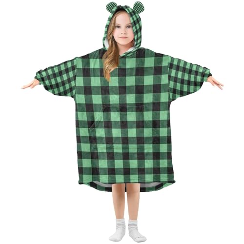 Manta de gran tamaño con capucha para niñas, diseño de amapolas, color verde y negro, a cuadros, manta suave y cálida de forro polar con capucha, Multicolor, 150 Grande