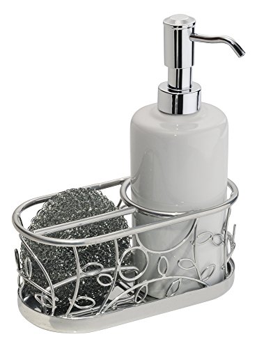 InterDesign Twigz Kitchen Soap Dispenser with Sponge and Scouring Pad Holder - Silver/White