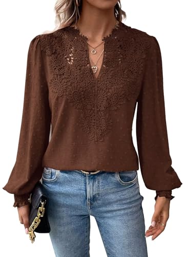 TUUHAW Chemise Femme Chic et Élégant Automne Manches Longues Bohème Top Col en V Dentelle Décontracté Volants T-Shirts Fluide à Point Suisse Tunique...