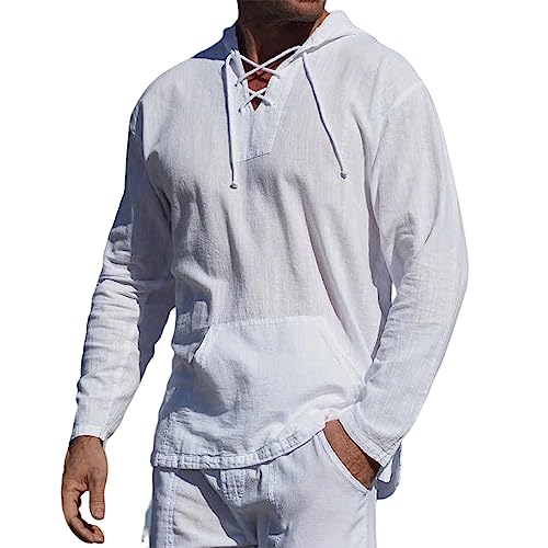 Mmoneyake Mens Linen Beach Hoodie Lace-Up V-Neck Long Sleeve T-Shirt Lightweight Sweatshirts Pullover Summer Hippie Shirts3