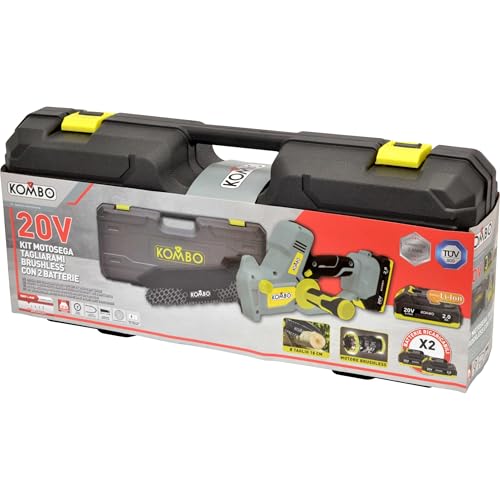Kombo Garden - Kit Valigetta Con Motosega 20V Brushless - 2 Batterie Incluse, Taglio 18 Cm, Barra Da 24 Cm, Catena 1/4" 45 Maglie - 7