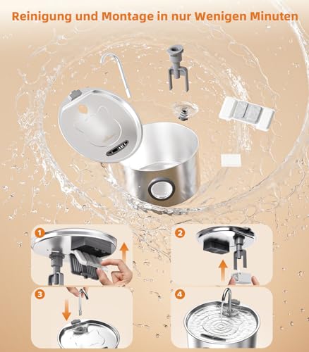 UPAWPIA 3.2L Katzenbrunnen Edelstahl mit 3 Filtern Trinkbrunnen für Katze Katzenbrunnen für Katzen mit Wasserstandsfenster Ultra leise Wasserbrunnen für Katzen Cat Water Fountain mit LED Licht