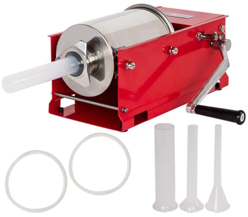 Beeketal \'MTH03\' Profi Gastro Wurstfüllmaschine (3 Liter/horizontal) SGS-geprüft, Wurstfüller mit 2 Gang Vollmetall-Getriebe und Handkurbel, Gehäuse aus Stahl (rot lackiert), inkl. 4 Fülltüllen