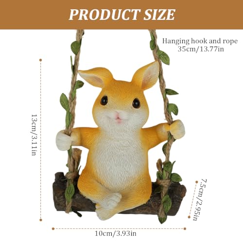 Image of HASTHIP Lovely Rabbit Car Ornament, Resin Rabbit on Swing Hanging Room Decor, Small Cute Bunny Figure Ornament with Hemp Rope, 10x13cm, 35cm Rope