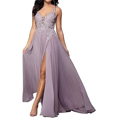 HUINI Abendkleider Lang A-Linie Ballkleider Brautjungfernkleider Spitzen Hochzeitskleider Damen Prinzessin Partykleid Rückenfrei Mauve 46 Cover