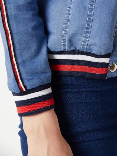 Image of Miss Chase Women's Polo Neck Full Sleeves Patch Pocket Denim Overcoat Knee-Length Jacket