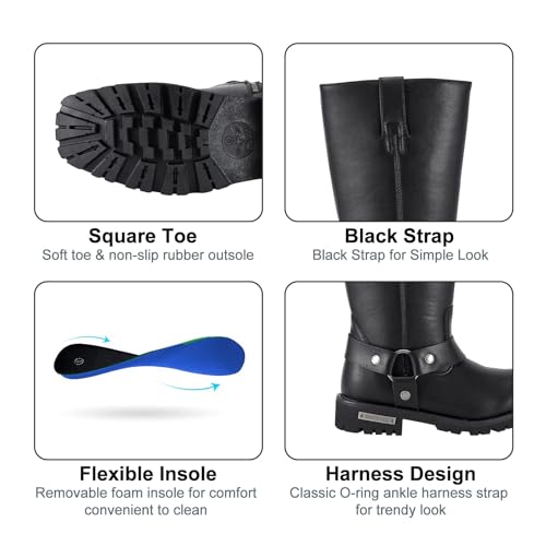 Dream Apparel Men's 12" Harness Motorcycle Riding Boots for Biker, Square Toe Knee High Boots with Full Length Side Zipper, Black PU Leather Mid Calf Footwear4
