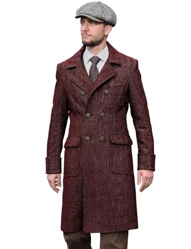 Image of Wangyue Burgundy Herringbone Tweed Peacoat Men Double Breasted Overcoat Winter Coat Tweed Outdoor Wear Streetwear Fashion Mens Trench Coats Burgundy Men