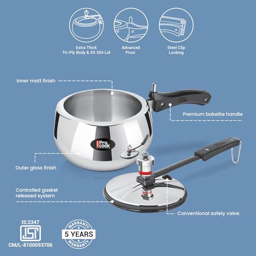Image of Milton Pro Cook Induction Cookware & Gas Stove Friendly Triply Stainless Steel Curve Pressure Cooker with Inner Lid 2 Litre | Gasket Release System | Hot Plate & Flame Safe | 5 Year Warranty | Silver