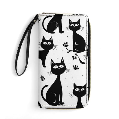 Girl's Long PU Wallet, Travel Purse Fashion Design, Huge Storage Capacity Purse, Cute Decor Zipper Wallet With Rope Funny Black Cats
