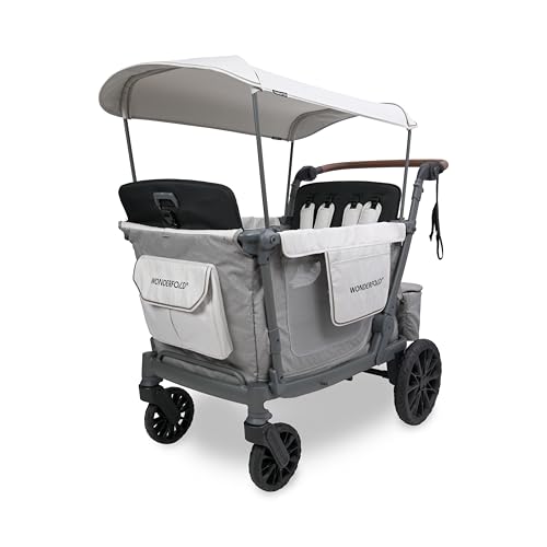 WonderFold L4 Quad Stroller Wagon (4 Seater) – Smooth Ride, Secure Harnesses, and All-Weather Canopy 4 Seat Wagon Stroller for Kids, Safety-Certified – Gray