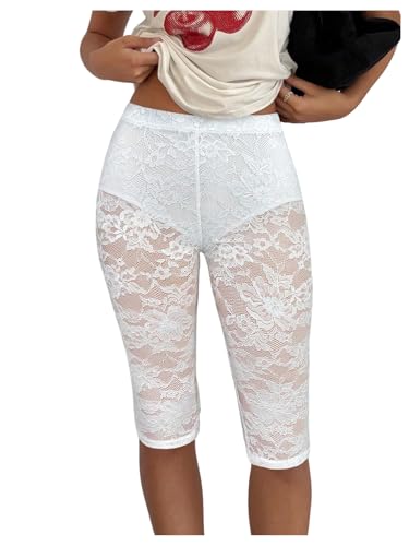 WDIRARA Women's Floral Lace Capri Leggings Sheer Mesh Skinny Elastic Sexy See Through Pants Plain White Medium