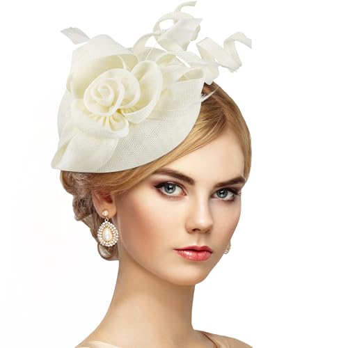 Zinniday White Feather Victoria Fascinators - Elegant Derby Hat 2026 Vintage 1920s 50s Kentucky Classic High Tea Party Hats with Hair Clip for Lady Girl Costume Church Party Dress Up