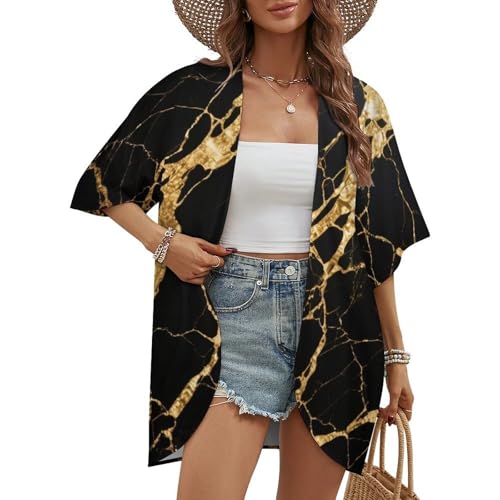 2026 Women's Ladies Casual Chic Black And Gold Marble Texture Layering Cardigan Open Front Sun Protection Cardigans Kimono Tops for Jeans, Vacation Style, M